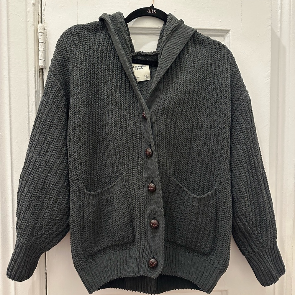 Abercrombie & Fitch Charcoal Button-Up Hooded Cardigan - S